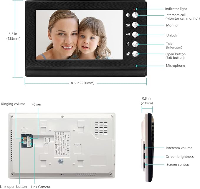 toncont Video Doorbell Intercom System, 7" Monitor Video Door Phone Kits, Wired Video Door Entry System, IR Night Vision Door Camera, Unlock, Dual-Way Intercom Outdoor Indoor for Home Villa (Black)