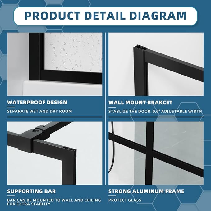 Goodyo 34" x 72" Shower Door Tempered Glass Shower Screen with Tool Bar Towel Rack for Walk in Bathroom 16-Grid Modern Design, Matte Black Finish
