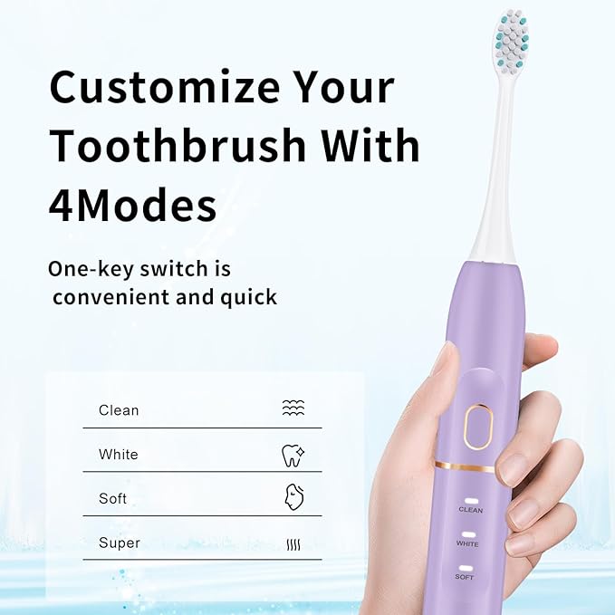 kingheroes Electric Toothbrush Set, Comes with 8 Brush Heads & Travel Case,4 Modes with 2 Minutes Built in Smart Timer, One Charge for 60 Days, 42000 VPM Motor (Purple)
