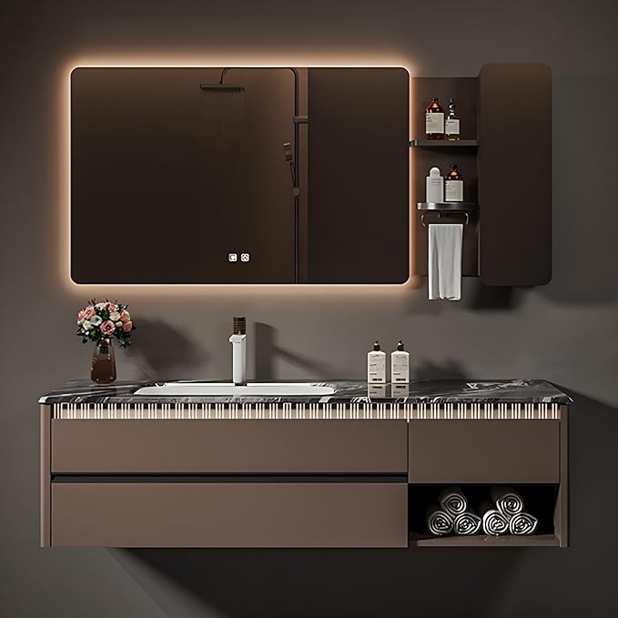 Modern Bathroom Vanity - Spacious Deep Sink | Defogging LED Mirror & Human Body Sensor Light, Open Side Panel, Floating Smart Bathroom Vanities (64IN)