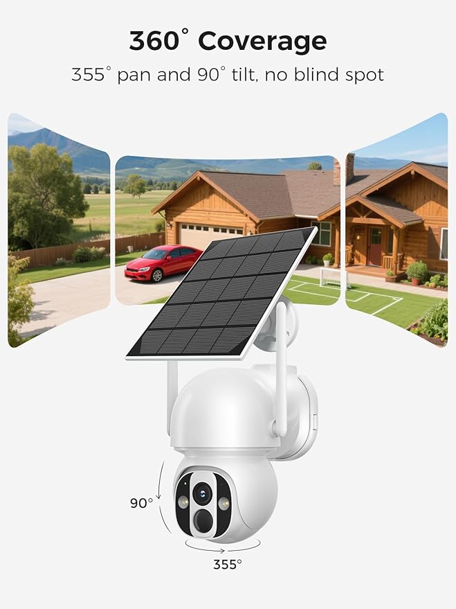 Solar Security Camera Outdoor Wireless WiFi Pro, 4MP Color Night Vision, AI/PIR Motion Detection, 360 PT, 2-Way Audio, IP66, 2.4/5GHz, SD/Cloud Storage, Works with Alexa, Mobile App & Base-station