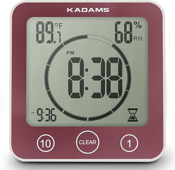 KADAMS Shower Clock Waterproof Bathroom Timer – Digital Wall Clock with Countdown, Magnetic Kitchen Clock with Temperature & Humidity, Suction Cup for Kids Shower Spa Cook Bath (Rose)