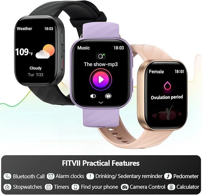 FITVII Health & Fitness Tracker (Answer/Make Calls), Smart Watch with 24/7 Heart Rate and Blood Pressure, Sleep Tracking, Blood Oxygen Monitor, 120+ Sport Modes Activity Tracker for Women Men
