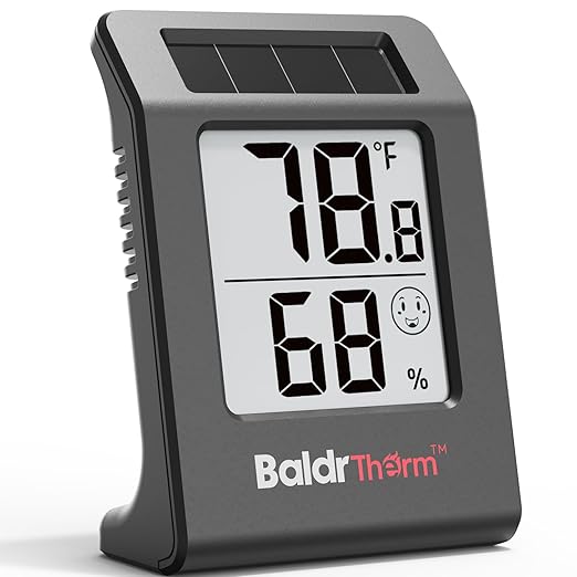 BaldrTherm Humidity Meter Hygrometer, Solar-Powered Room Thermometer Indoor Digital Temperature Sensor Monitor, 2.2''Humidity Gauge for Baby Rooms, Home, Office, 1Pack, Black
