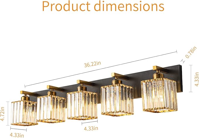 FDPBY Modern Bathroom Vanity Light 5-Lights Black Gold Crystal Bathroom Wall Light Vanity Light Fixtures，36.22-inch Modern Minimalist Design
