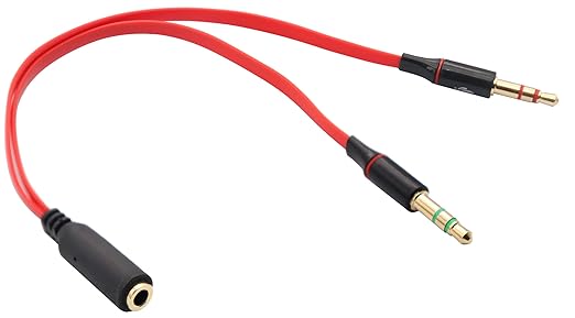 zdyCGTime 3.5mm AUX Headphone Y Splitter Cable 4-Pole 3.5mm AUX Female to 3-Pole 2x3.5mm Male Headset Mic & Stereo Audio Cable for PC Computer and Old Version Laptop Y Audio Flat Cable (20CM) (Red)