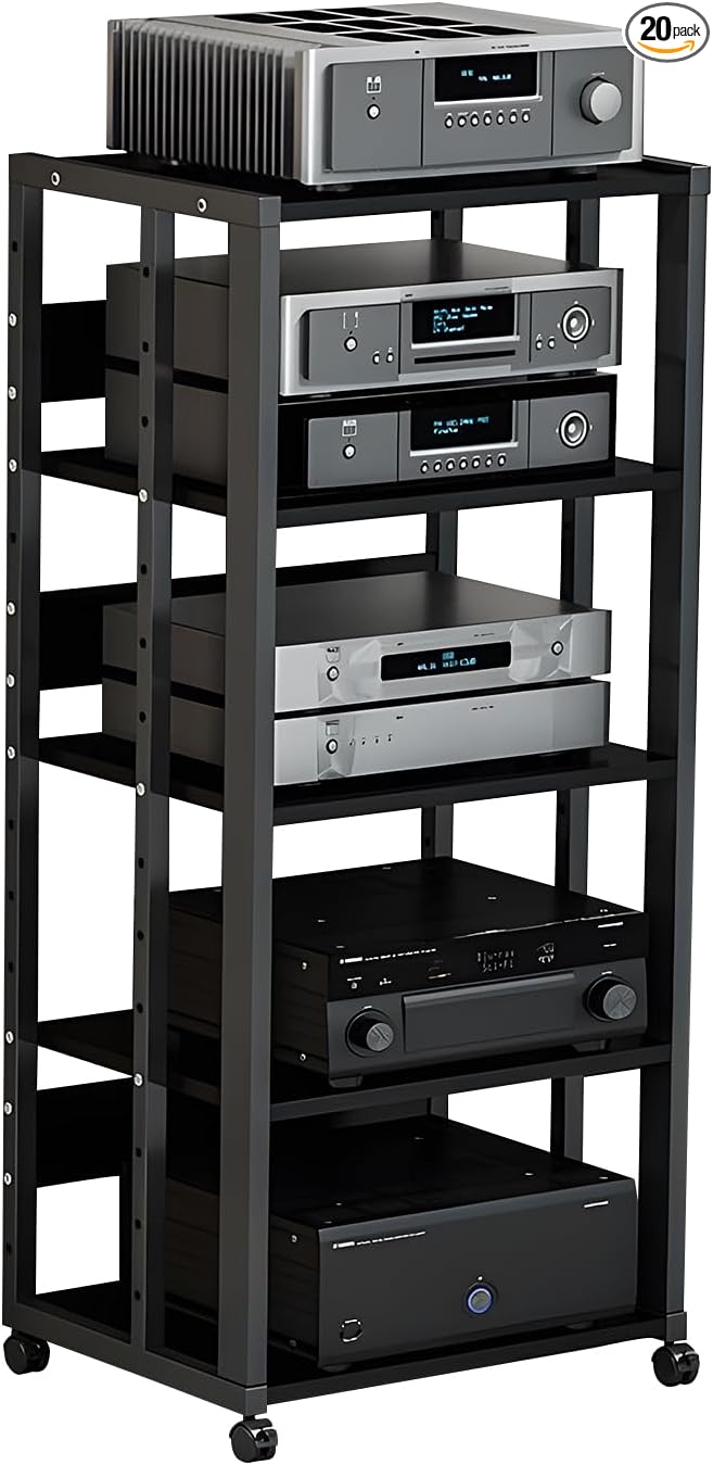jvsufuik 5-Tier AV Media Stand with Wheels, Media Console Cabinet With Adjustable Shelves, Metal Audio Rack, Mobile Game Console Stand, Stereo Audio Cabinet For Record Player, Dvd, TV Box