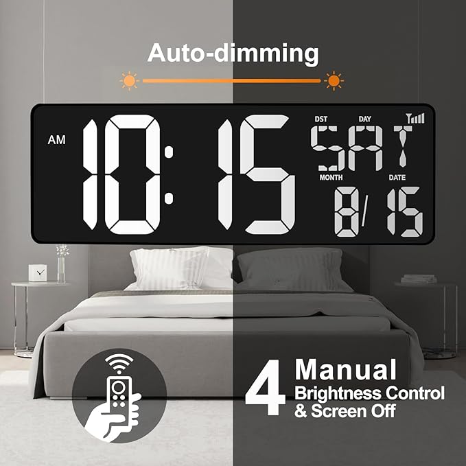 XREXS 16.5 in Large Display Wall Clock with Temperature/Date/Week, LED Big Digital Timer Clock with Remote Control, Alarm Clock for Home and Office, Auto-dimming