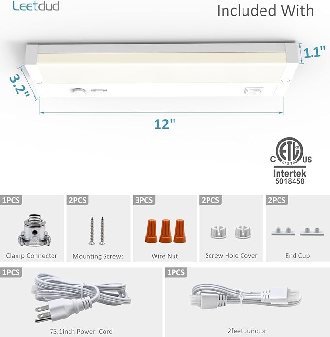 Leetdud Under Cabinet Lighting Plug in or Hardwired Built-in Dimmer, 12 Inch 6W, 5CCT 2700/3000/3500/4000/5000K, Linkable Counter Lights for Kitchen, ETL Dimmable LED Light Fixture, White
