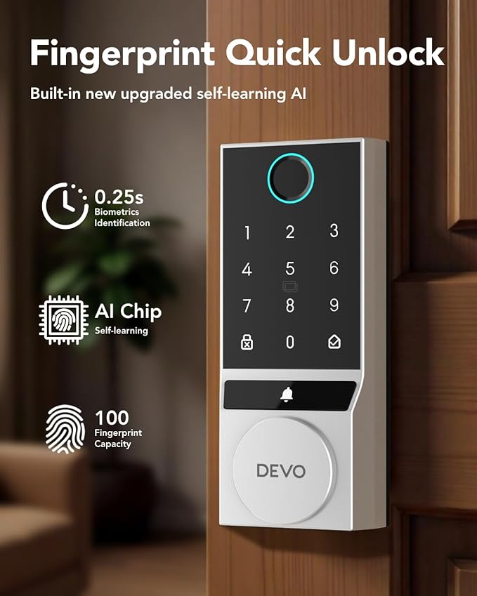 Devo G2 Fingerprint Smart Door Lock, Keyless Entry Door Lock, App Control, Smart Locks for Front Door, Smart Deadbolt Lock, Built-in Bluetooth, Touchscreen Keypad, 8 Months Battery, IP54 Waterproof