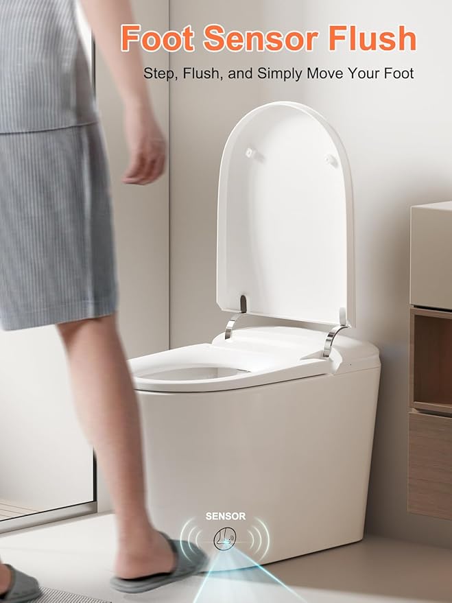 BAYTINA Smart Toilet with ADA Comfort Height Heated Seat, Night Light, Tankless Auto Toilet Flushing, Foot Sensor Operation, Modern Elongated One-Piece Toilet for Bathrooms