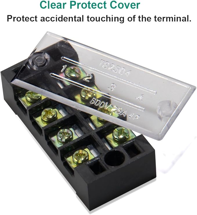 MILAPEAK Terminal Blocks - 12pcs (6 Sets) 4 Positions Dual Row 600V 25A Screw Terminal Strip Blocks with Cover, Pre-Insulated 400V 25A 4 Positions Barrier Strip Black & Red