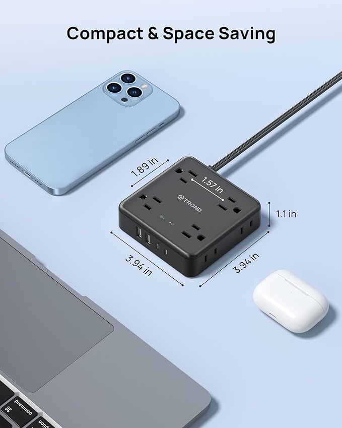 TROND 360° Rotating Flat Plug Power Strip, 10FT Flat Extension Cord with Multiple Outlets 4 USB (2 USB C), Wall Mount Surge Protector 1440 Joules for Home Office Travel Dorm Room Essentials, Black
