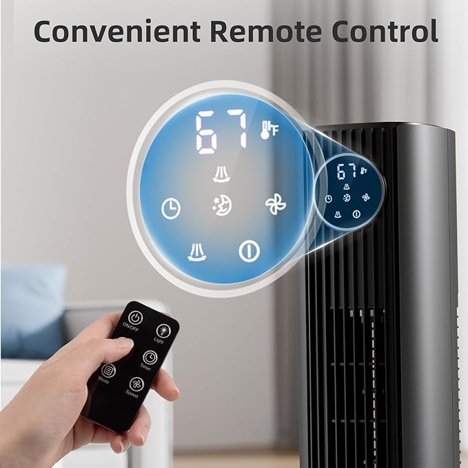 Antarctic Star Tower Fan Portable Floor Fans 85°Oscillating Fan Quiet Cooling 12H Timer Remote Control Standing Bladeless Electric 3 Wind Speeds 4 Modes Bedroom Office,36 inch, Grey