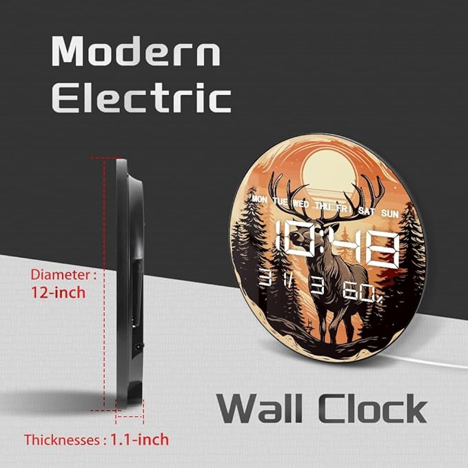 Timethink 12'' Deer Digital Wall Clock with LED Display, Woodland Forest Cabin Rustic Electric Wall Clock Smart Dimming, Date, 12/24hr, Temperature, USB Powered for Christmas Farmhouse Hunting Decor