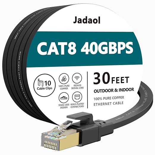 Jadaol Cat 8 Ethernet Cable 30 ft, 40Gbps 2000MHz Flat RJ45 S/FTP LAN Patch by Jadaol