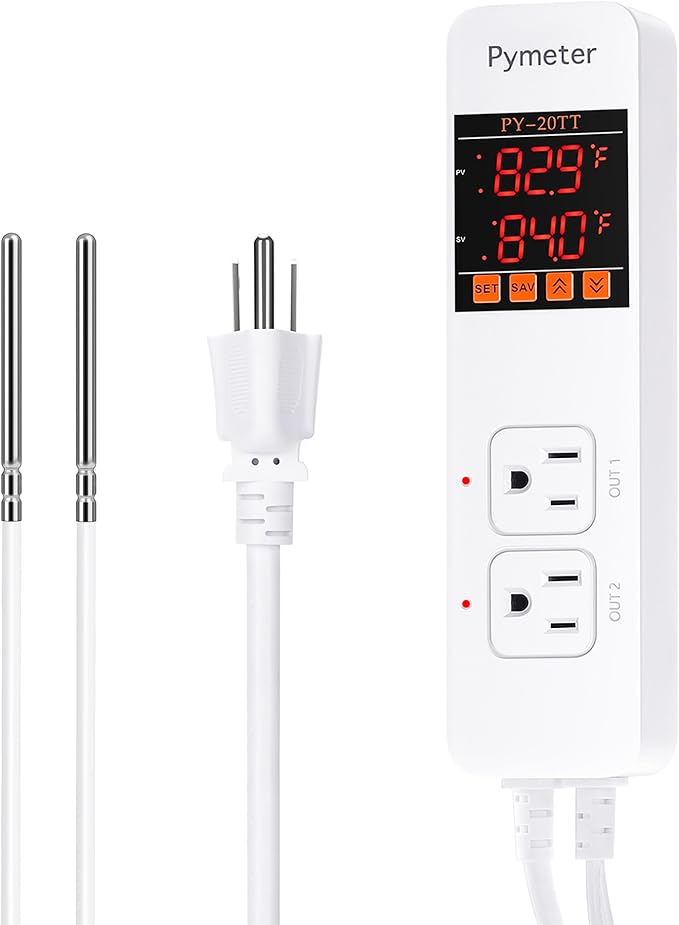 Pymeter 2 in 1 Digital Temperature Controller Dual Outlet Heat Mat Thermostat Reptile Greenhouse Heater Home Brewing Freezer Cooling Heating Pad Control 16A 1920W