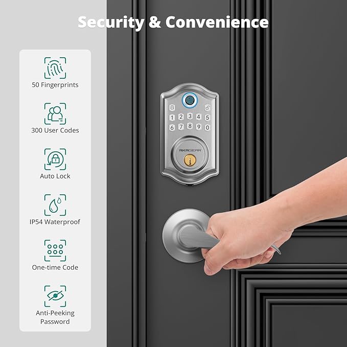 AkaGear DS10 Keyless Entry Door Lock with Handle - 2 Lever Handles, Fingerprint Door Lock, Keypad Deadbolt, 2 Keys, Code, Smart Locks for Front Door, Auto-Lock, Easy Installation - Satin Nickel