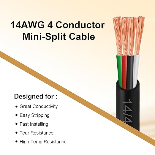 MOOKEERF 14/4 AWG Mini-Split Cable - 150FT 14 AWG 4 Conductor Control Cable 300V Stranded Oxygen-Free Pure Copper Wire for Mini Split Air Conditioner,Heat Pump,HVAC Systems and Speaker Systems