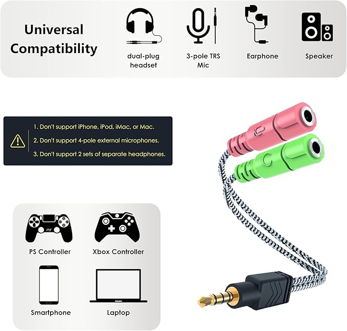 MillSO Headphone Mic Splitter, 3.5mm Headset Adapter (Microphone + Audio) 2 TRS Female to TRRS Male CTIA Stereo Jack Y Cable Compatible for Dual-Plug Gaming Headset to Xbox, PS4, Phone, Laptop, PC