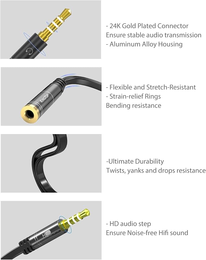 KINGTOP 3.5mm Headphone Mic Splitter Adapter - [1 Male to 2 Female] Headset Splitter Compatible with PC Gaming Headsets - TRRS Audio & Microphone Y Cable for Laptop, PS4, Xbox One, Android