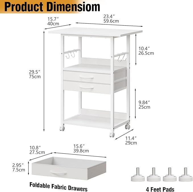 VENNQD Large Printer Stand with Storage Fabric Drawer Under Desk Printer Table with Wheels for Home Office, Printer Cart fit Fax Machine Scanner (White, 3 Tiers)