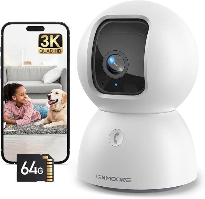 CINMOORE 3K Indoor Camera with 64GB Card, Human/Pet/Facial AI Detection, Dog/Cat/Pet Camera Indoor with Phone APP, 5GHz 2.4GHz Dual Band Wi-Fi 6, 360 Pan Tilt Auto Tracking, Night Vision, 2-Way Talk