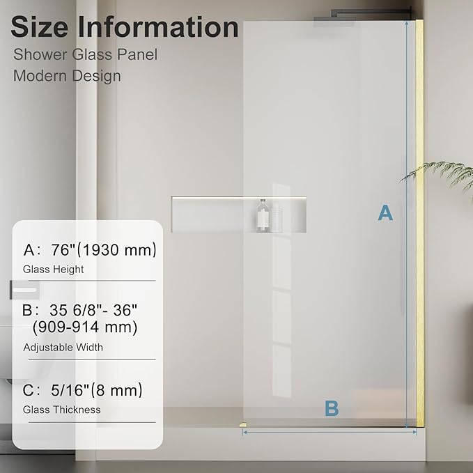 Bathbliss 36" W x 76" H Frameless Shower Glass Panel, 8mm Clear Tempered Glass, Fixed Walk-In Shower Screen, Brushed Gold Finish, Reversible Installation