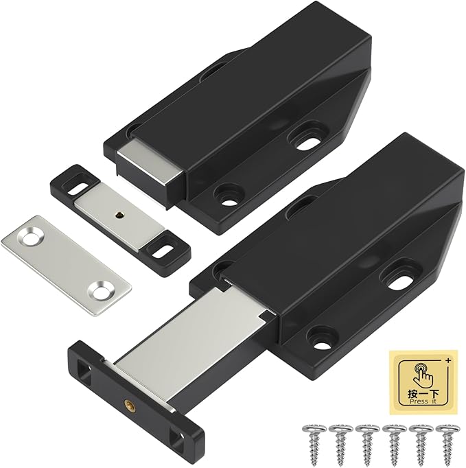 Touch Latch Jiayi Heavy Duty Push Open Cabinet Hardware Magnetic Push Spring Latch for Large Door Release Latch Pop up Hidden Door Catch Cabinet Magnets Push Close for Cupboard Drawer (Black, 2 Pack)
