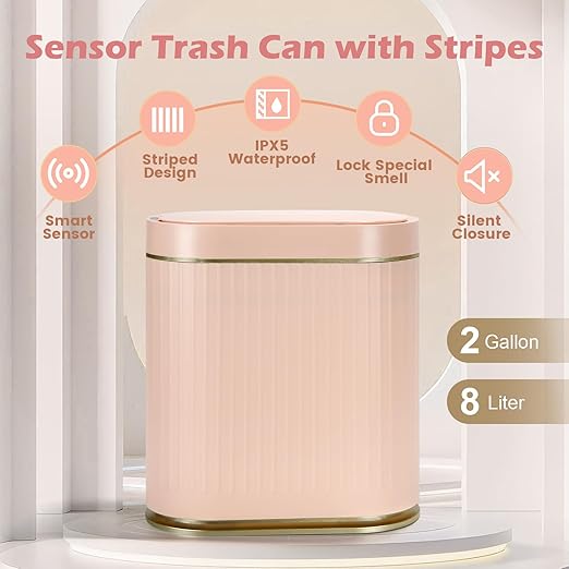 Bathroom Sensor Trash Can with Lid Automatic 2 Gallon Motion Sensor Garbage Bin, 7.5 Liter Slim Waterproof Plastic Wastebasket, Bathroom Decor for Bedroom, Office, Living Room, Pink