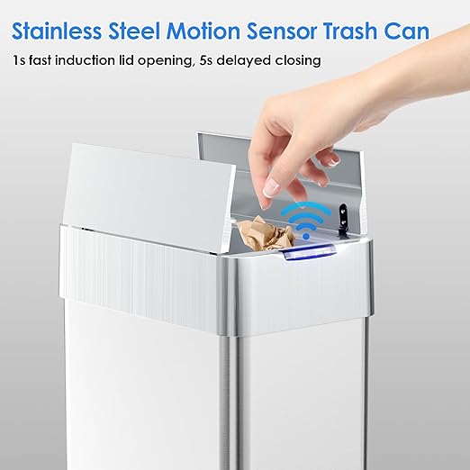 TLSUNNY 21.1 Gallon Automatic Trash Can, Stainless Steel Motion Sensor Garbage bin, Smart Trash Can W/Butterfly Lid, Bag Retainer Ring and Display Light for Living Room,Kitchen,Office (Silver, 80L)
