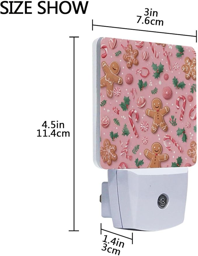 Pigsaly Led Night Light Christmas Gingerbread Men Pink Candy Canes Night Light Plug in Wall Lamp Smart Dusk to Dawn Sensor Nightlight Led Lamp Energy Saving Lights Gift for Kids Room Bedroom Bathroo