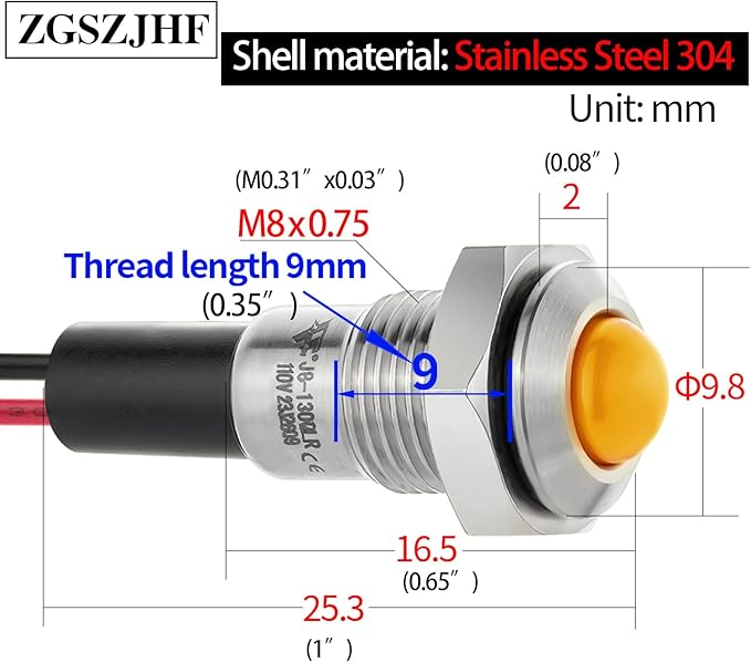 ZGSZJHF UL Listed Mini Indicator Light 8mm 0.31" Waterproof IP67 110V-120V Domed Sphere High Head Metal 304-Stainless Steel LED Lamp Pilot Light with 140mm Wire Yellow