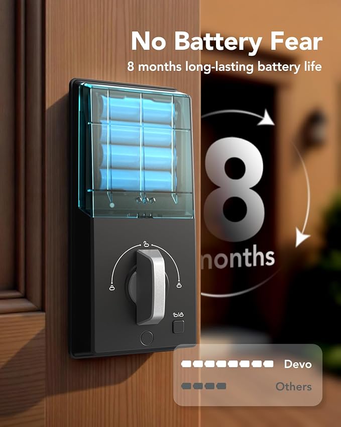 Devo G2 Fingerprint Smart Door Lock, Keyless Entry Door Lock, App Control, Smart Locks for Front Door, Smart Deadbolt Lock, Built-in Bluetooth, Touchscreen Keypad, 8 Months Battery, IP54 Waterproof