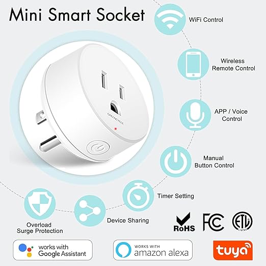 WiFi Smart Outlet Plug with Remote,GreenCycle Electric Smart Plug with 2 Remote,Compatible with Alexa and Google Home via Tuya,15A/1500W，Remote Control from Anywhere,TUV FCC List(2.4G)