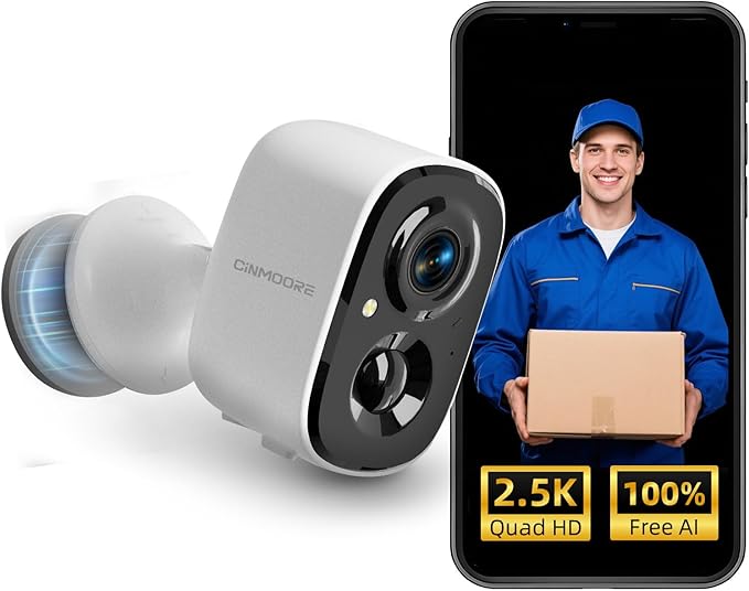 CINMOORE 2.5K Wireless Home Security Cameras Outdoor WiFi, Non-Subscription AI Person Detection, 4MP Color Night Vision, Full Duplex 2-Way Audio, IP66 Waterproof Battery Powered, U.S. AWS Cloud