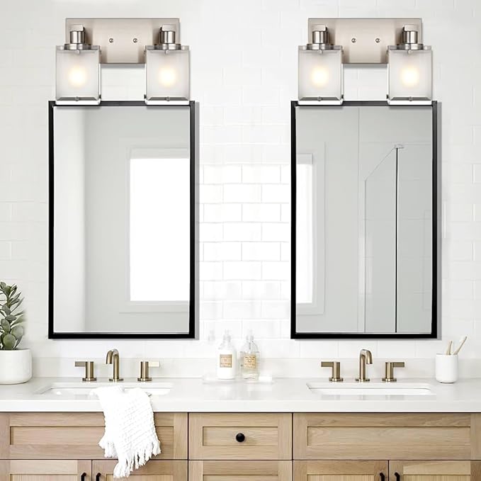 WINSHEN 2-Lights Wall Sconce Lighting, Brushed Nickel Bathroom Vanity Light Fixture with Rectangular Frosted Glass for Over Mirror, E26 Bulb Base