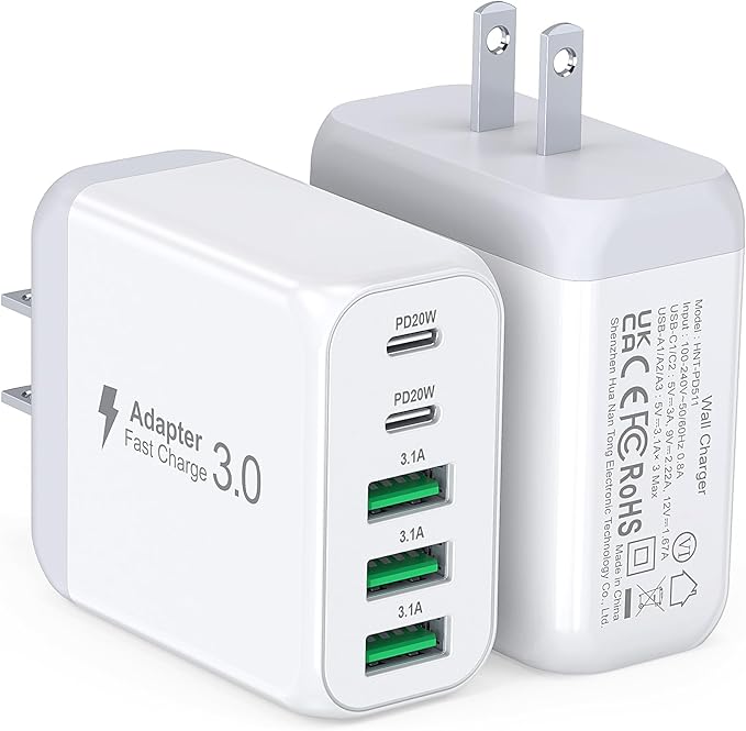 USB C Wall Charger Block, 2Pack 60W 5-Port C Charger Fast Charging Block PD Power Adapter +QC 3.0 Multiport Type C Box Brick Cube USB A Wall Plug for iPhone 15/16/17 Pro Max Plus, iPad,Samsung Galaxy