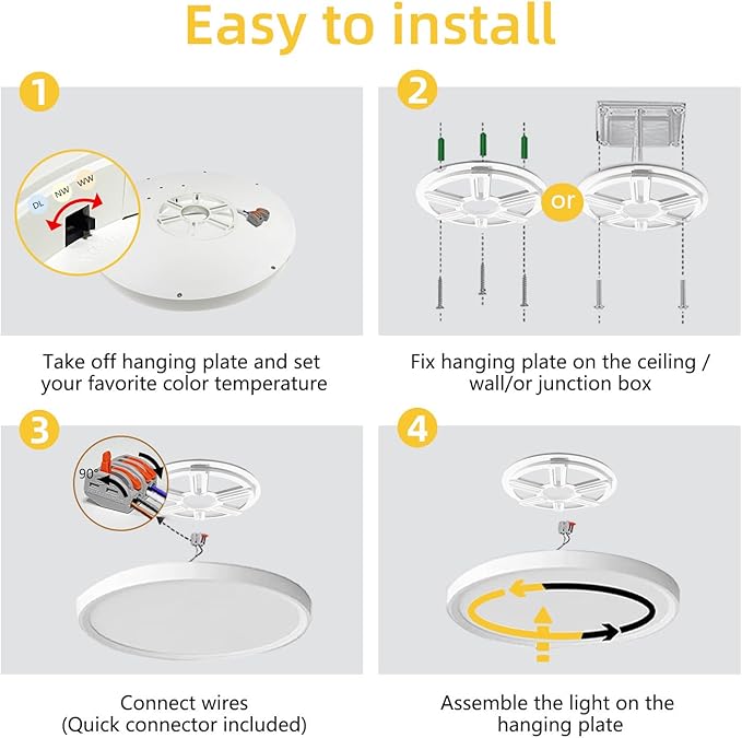 RLEDPZTX 4PK 12 Inch LED Flush Mount Ceiling Light, 24W, 2520LM,3000K/4000K/6000K CCT Selectable, Round Flat Panel Low Profile Ceiling Light Fitures for Hallway, Kitchen, Bedroom, Laundry Room,White