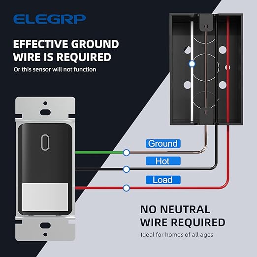 ELEGRP Occupancy Motion Sensor Light Switch, PIR Infrared Motion Activated Wall Switch, No Neutral Wire, Single Pole for CFL/LED/Incandescent Bulb, Wall Plate Included, UL Listed (1 Pack, Matte Black)