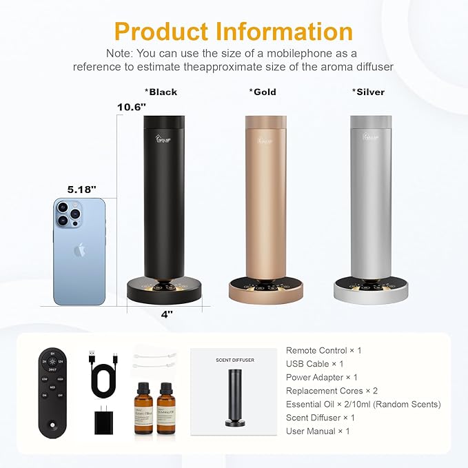 Waterless Diffuser,1500 Sq Ft,Ring Ambient Light,Rechargeable Wireless, Aluminum,Remote Control&Touch Buttons,Adjustable Fragrance Intensity&Timer,Hotel Collection Scent Machine - Satin Black