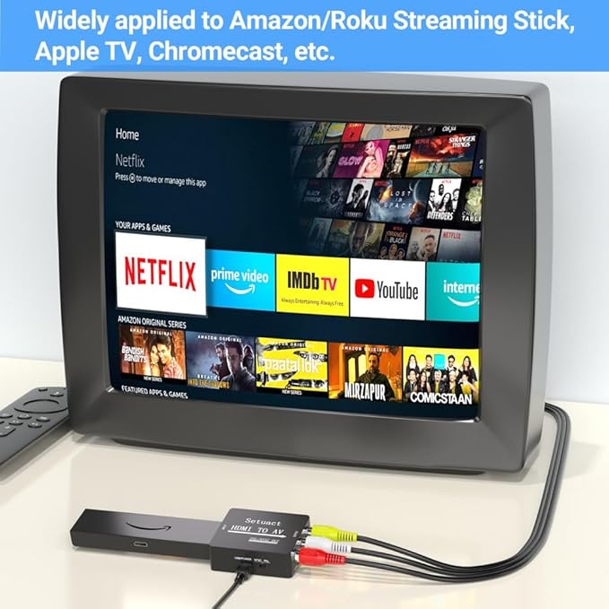 Setuact HDMI to AV Converter, HDMI to RCA Converter, Supports PAL/NTSC for Apple TV, Roku, Fire Stick, Blu-ray, DVD Player, Older TV, Projector, (Single)