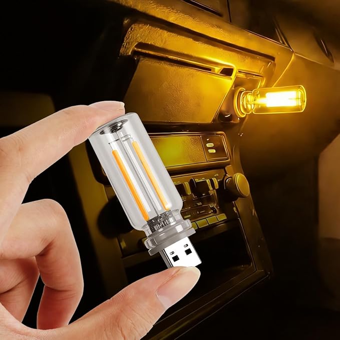 2PCS USB Lights, Retro Automotive Atmosphere Decor Lamp, Car Interior Touch Adjustment Lights, Mini Glass Bottle LED Bulb Night Light for Vehicle Bedroom Hallway, Camping, Holiday (Warm White)