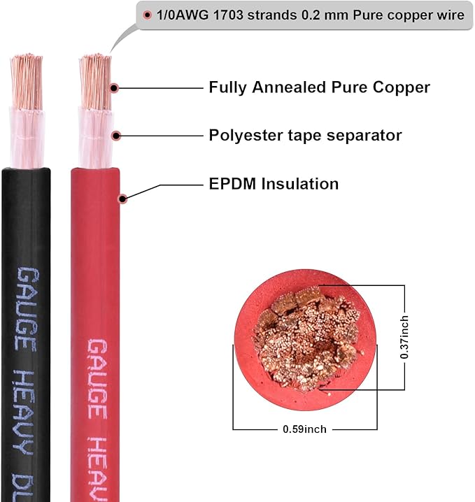 Shirbly 1/0 Gauge Battery Cable, 5FT Red + 5FT Black 1/0 AWG Pure Copper Wire Welding Cable, for Automotive, Battery, Solar and Generator, Standard USA OFC Wire