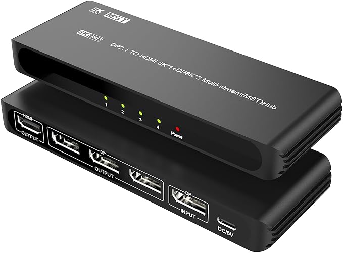 DisplayPort Splitter for 4 Monitors, Three DP with HDMI Adapter 8K@60Hz Extended Display 1 in 4 Out DisplayPort MST Hub for Multiple Monitor, Compatible with Computer, Graphic Card, PC
