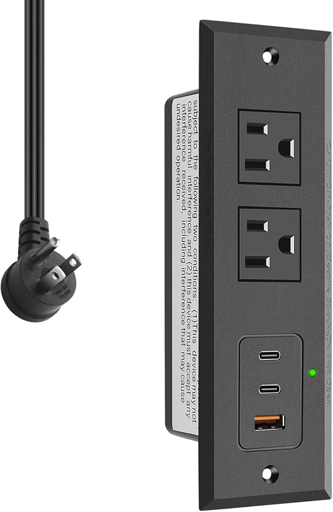 CCCEI Recessed Power Strip with 45W USB-C Ports, Fast Charging USB A Port Desk Outlet, Black Furniture Hidden Charging Station for Side Table, End Table, with 6 FT 45 Degree Flat Plug Extension Cord.