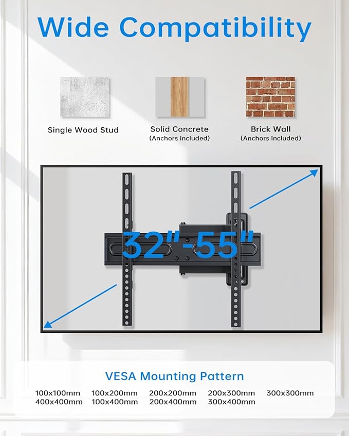 Full Motion TV Wall Mount for Most 32-55 inch TVs up to 66 lbs, Rotation, Swivel, Tilt Articulating Wall Mount Bracket with Magnetic Level and Cable Storage for Corner Living Room Max VESA 400x400mm