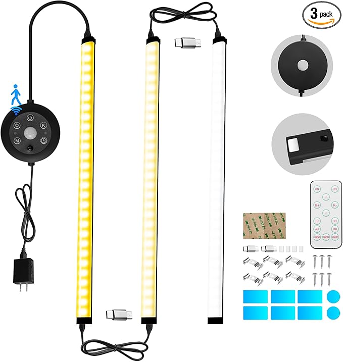 THLIFURE Black Plug in Under Cabinet Light bar with Motion Sensor, Dimmable, Remote Control,Color and Brightness Adjustable, Magnet LED Strip Lights for Kitchen, Workbench, and Closet 3 Pack