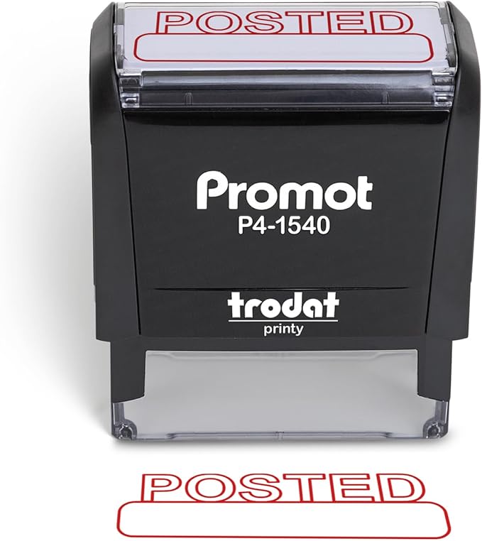 Promot Posted Self Inking Rubber Stamp - Refillable Stampers for Office - Business, Accounting, Bookkeeping, Coding, Legal, Notary, Work, Ordering, Inventory Stamps - Red Ink
