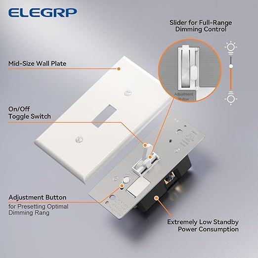 ELEGRP Digital Toggle Dimmer Switch for Dimmable LED, CFL and Incandescent Light Bulbs, Single Pole or 3-Way Toggle LED Dimmer Light Switch, Wall Plate Included, UL Listed, 1 Pack, White